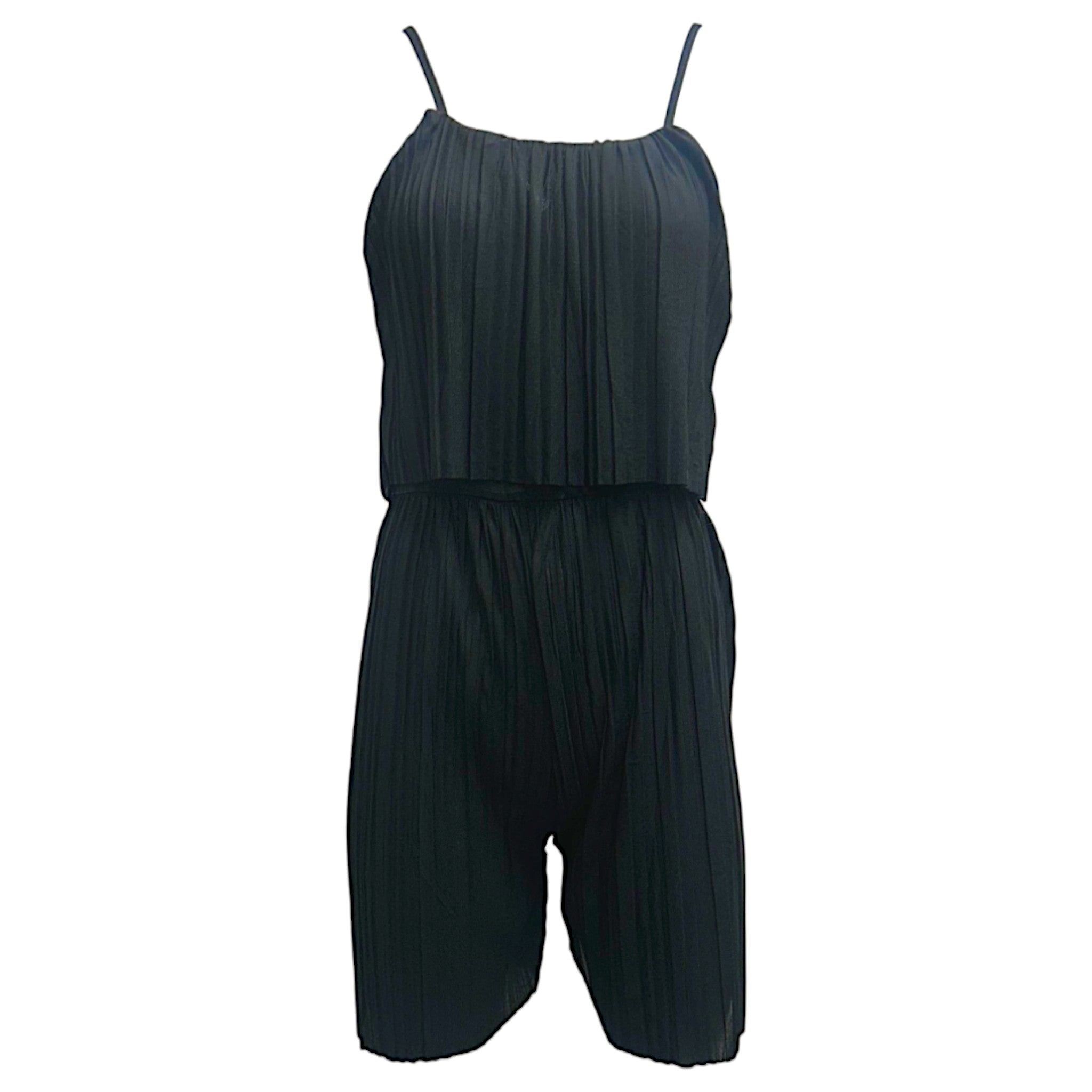 Women's black ribbed strappy playsuit with pleated texture – casual summer romper